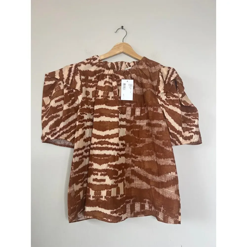 NWT Ulla Johnson Multi Neema Fawn Tige Puffed Short Sleeve Blouse Brown Size: 8